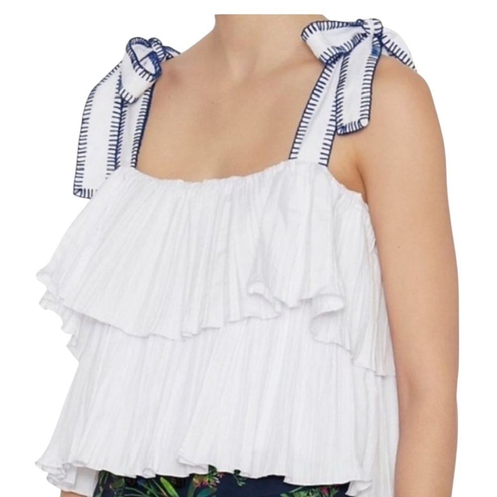 Saloni Jools Ruffled Embroidered Shoulder Tie Top